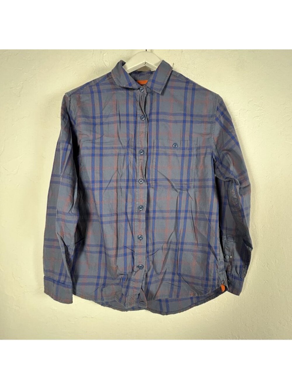 REI Cooperative Women Plaid Long Sleeve Button-Up Shirt Small Blue Orange Cotton